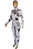 Pink White Fashion New Design Printed Long Sleeve High Neck Slim Fitting Jumpsuits YC8055