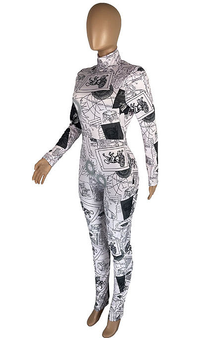 Pink White Fashion New Design Printed Long Sleeve High Neck Slim Fitting Jumpsuits YC8055