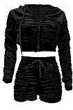 Pink Women Cardigan Short Crop Ruffle Korea Velvet Solid Color Zipper Shorts Sets Q975-1
