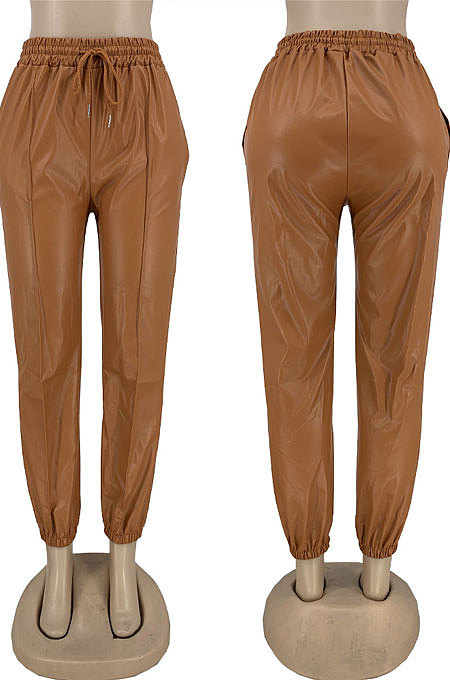 Brown Luxe Simple Pu Leather Casual Pencil Pants DN8642-1
