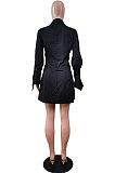 Blue Fashion Preppy Pure Color Horn Sleeve Single-Breasted Collect Waist Shirts Dress WY6861-1
