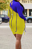 Blue Yellow Nigh Club Sexy Spliced Bandage Tassel Long Sleeve High Neck Bodycon Hip Dress HH10010-1