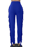 Black Women Fashion Solid Color Sexy Tassel Mid Waist Long Pants WMZ2683-1