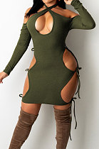 Dark Green Night Club Sexy Ribber Halter Neck Bandage Hollow Out Hip Dress HH88989-1