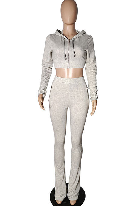 Orange Women Pure Color Cardigan Hoodie Top Zipper Dew Waist Pants Sets LD81071-3