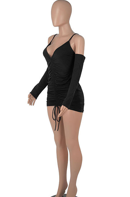 Pink Women Pure Color Off Shoulder V Collar Bandage Drawsting Long Sleeve Mini Dress WMZ2680-3