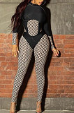Black Women Contrast Color Positioning Printing High Waist Bodycon Jumpsuits Q967-2