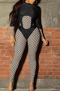 Black Women Contrast Color Positioning Printing High Waist Bodycon Jumpsuits Q967-2