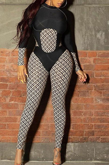 Black Women Contrast Color Positioning Printing High Waist Bodycon Jumpsuits Q967-2