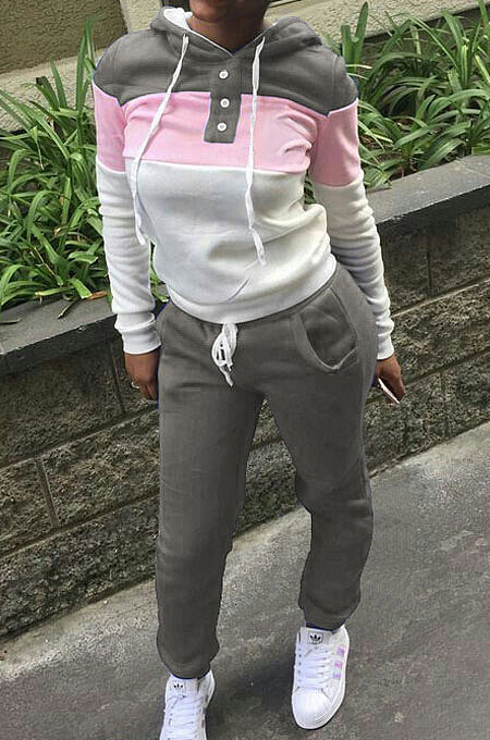 Grey Casual  Preppy Thicken Spliced Long Sleeve Hoodie Tops Jogger Pants Sport Sets W8359-1