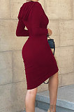 Wine Red Wholesale Casual Long Sleeve Deep V Neck Ruffle Slit Hooded Dress WY6854-1