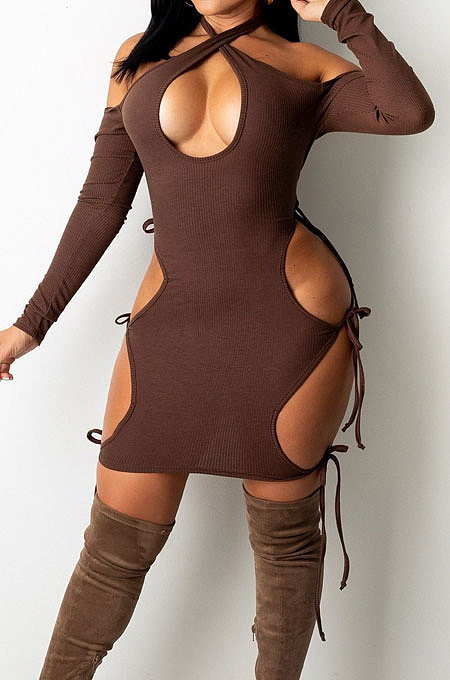 Dark Brown Night Club Sexy Ribber Halter Neck Bandage Hollow Out Hip Dress HH88989-2