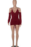 Pink Women Pure Color Off Shoulder V Collar Bandage Drawsting Long Sleeve Mini Dress WMZ2680-3