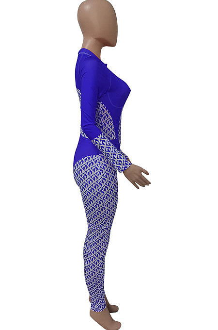 Red Women Contrast Color Positioning Printing High Waist Bodycon Jumpsuits Q967-1