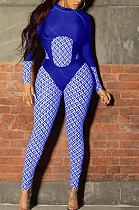 Blue Women Contrast Color Positioning Printing High Waist Bodycon Jumpsuits Q967-3