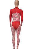 Red Women Contrast Color Positioning Printing High Waist Bodycon Jumpsuits Q967-1