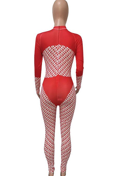Red Women Contrast Color Positioning Printing High Waist Bodycon Jumpsuits Q967-1