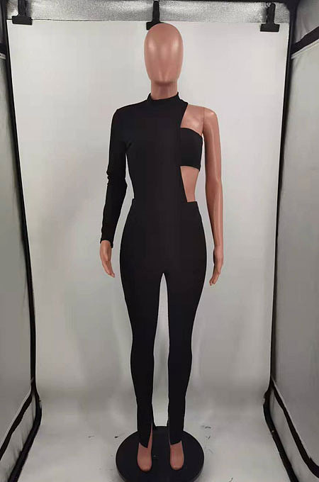 Black Fashion Sexy Ribber Pure Color  Strapless&One Sleeve Tops Slit Skinny Pants Three Piece HH10011-1