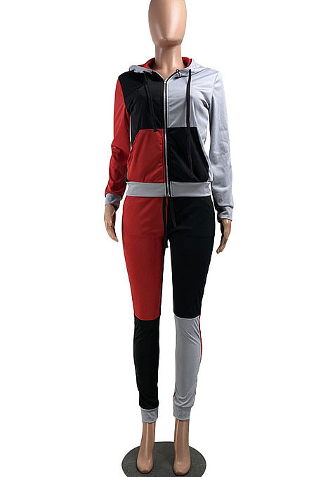 Yellow Wholesale New Multicolor Spliced Long Sleeve Zip Hoodie Jogger Pants Sport Sets W8358-1