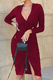 Blue Wholesale Casual Long Sleeve Deep V Neck Ruffle Slit Hooded Dress WY6854-3