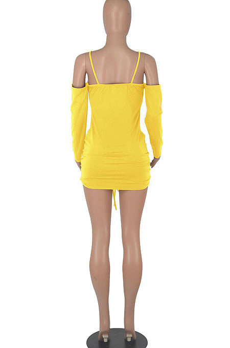 Pink Women Pure Color Off Shoulder V Collar Bandage Drawsting Long Sleeve Mini Dress WMZ2680-3