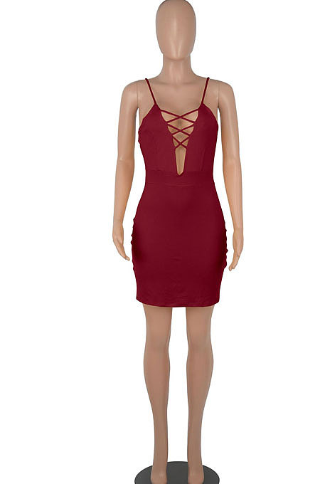 Black Euramerican Backless Sexy Condole Belt Tied Hollow Out Mid Waist Tight Mini Dress WMZ2681-1