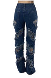 Dark Blue Wholesale New Modest Wave Hole Jean Pants SZS1003