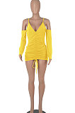 Pink Women Pure Color Off Shoulder V Collar Bandage Drawsting Long Sleeve Mini Dress WMZ2680-3