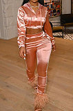 Blue Winter Women Solid Color Hoodie Top Long Sleeve Zipper Dew Waist Sexy Smooth Cloth Pants Sets LD81069-1