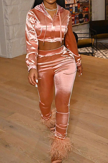 Blue Winter Women Solid Color Hoodie Top Long Sleeve Zipper Dew Waist Sexy Smooth Cloth Pants Sets LD81069-1