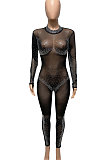 Black Women Sexy Bling Bling Mesh Spaghetti Mid Waist Bodycon Jumpsuits Q974-1