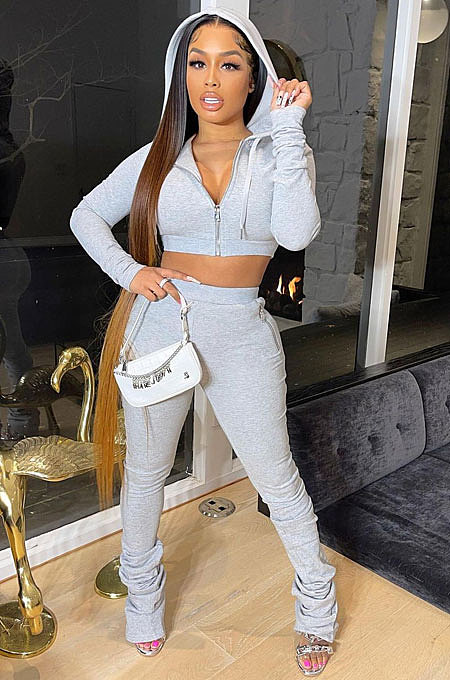 Gray Women Pure Color Cardigan Hoodie Top Zipper Dew Waist Pants Sets LD81071-1