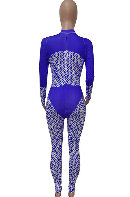 Black Women Contrast Color Positioning Printing High Waist Bodycon Jumpsuits Q967-2