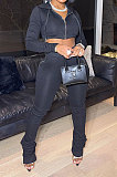 Black Women Pure Color Cardigan Hoodie Top Zipper Dew Waist Pants Sets LD81071-4
