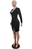 Wine Red Wholesale Casual Long Sleeve Deep V Neck Ruffle Slit Hooded Dress WY6854-1