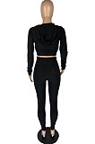 Black Preppy Simple Women's High Elastic Ribber Hoodie Tops Jogger Pants Plain Color Sets YC8056