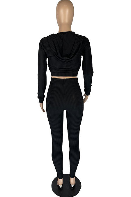 Black Preppy Simple Women's High Elastic Ribber Hoodie Tops Jogger Pants Plain Color Sets YC8056