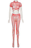 Blue Women Sexy Mesh Spaghetti Perspectivity Printing Bandage Pantihose Casual Pants Sets SX02857-2