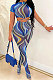 Blue Women Sexy Mesh Spaghetti Perspectivity Printing Bandage Pantihose Casual Pants Sets SX02857-2