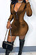 Coffee New Luxe Velvet Long Sleeve Zip Front Collect Waist Solid Color Hip Dress YMM9088-5