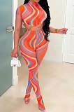 Blue Women Sexy Mesh Spaghetti Perspectivity Printing Bandage Pantihose Casual Pants Sets SX02857-2