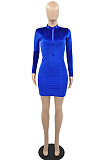 Grey New Luxe Velvet Long Sleeve Zip Front Collect Waist Solid Color Hip Dress YMM9088-4