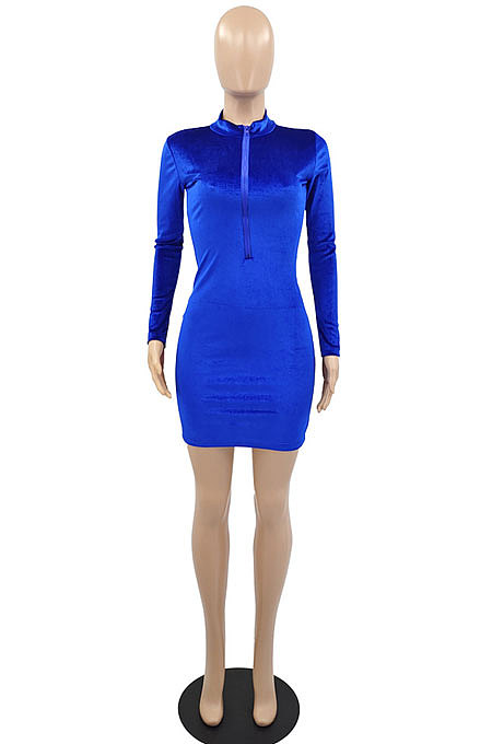 Pink New Luxe Velvet Long Sleeve Zip Front Collect Waist Solid Color Hip Dress YMM9088-2