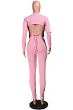 Yellow Casual Sports Cotton Blend Long Sleeve O Neck Backless Tops Skinny Pants Sets YMT6250-1