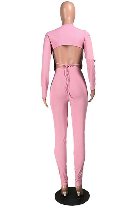 Pink Casual Sports Cotton Blend Long Sleeve O Neck Backless Tops Skinny Pants Sets YMT6250-2