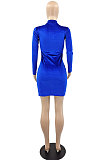 Grey New Luxe Velvet Long Sleeve Zip Front Collect Waist Solid Color Hip Dress YMM9088-4