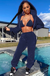 Navy Blue Fashion Velvet Thicken Warm Strapless&Cardigan Jacket Coat Jogger Pants Sets YYF8269-5