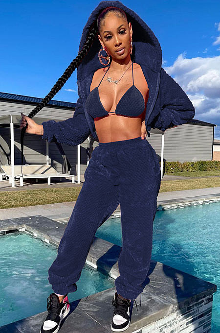 Navy Blue Fashion Velvet Thicken Warm Strapless&Cardigan Jacket Coat Jogger Pants Sets YYF8269-5