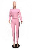 Pink Casual Sports Cotton Blend Long Sleeve O Neck Backless Tops Skinny Pants Sets YMT6250-2
