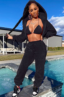 Black Fashion Velvet Thicken Warm Strapless&Cardigan Jacket Coat Jogger Pants Sets YYF8269-3